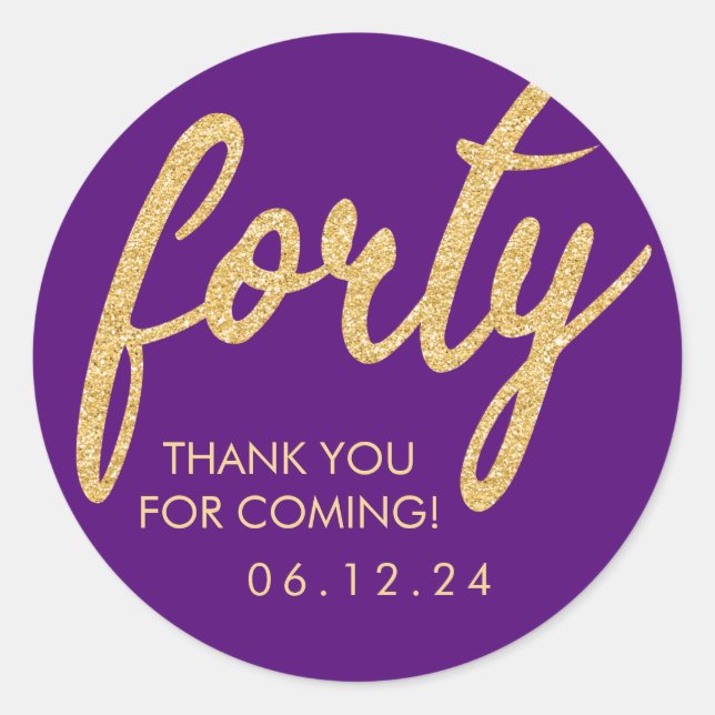 Sticker Rond Gold Purple 40 Anniversaire Merci Parties scintill (Devant)