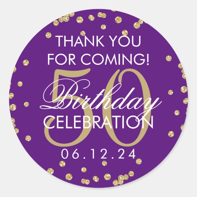 Sticker Rond Gold Purple 50 Anniversaire Merci Confetti (Devant)