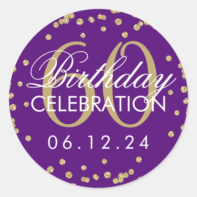 Sticker Rond Gold Purple 60e anniversaire Faux Parties scintill (Devant)