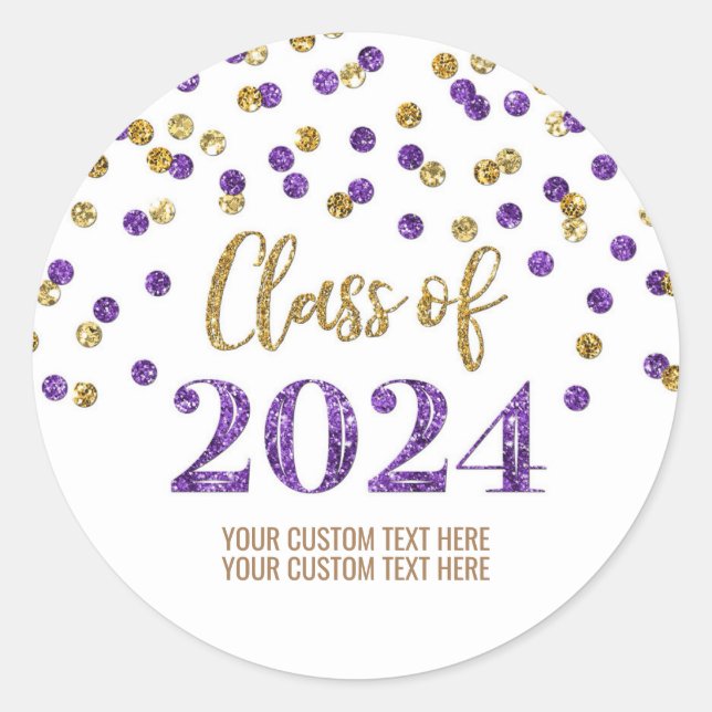 Sticker Rond Gold Purple Confetti Graduation 2024 (Devant)