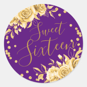 Sticker Rond Gold Purple Sweet 16 Anniversaire Parties scintill