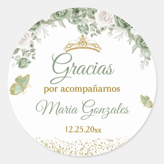 Sticker Rond Gold Quinceañera Sage Green Crown Gracias (Devant)