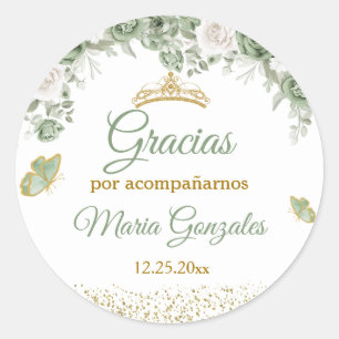 Sticker Rond Gold Quinceañera Sage Green Crown Gracias