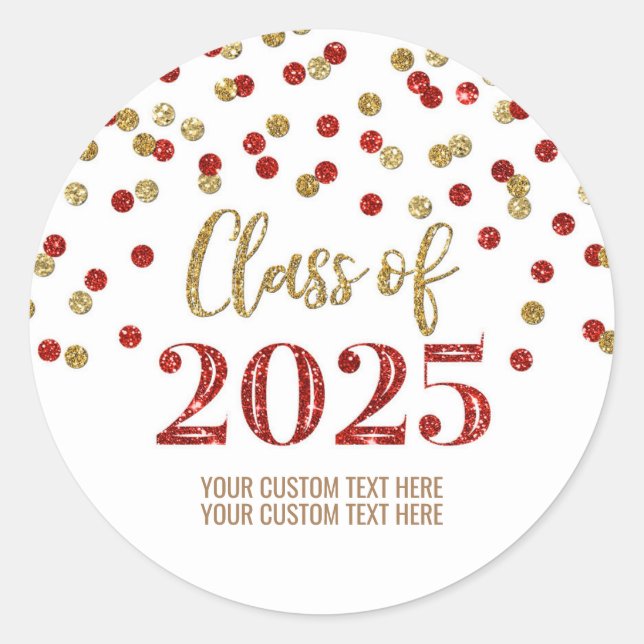 Sticker Rond Gold Red Confetti Graduation 2025 (Devant)