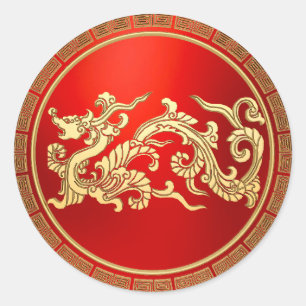 Sticker Rond Gold Red Dragon chinois Nouvel An