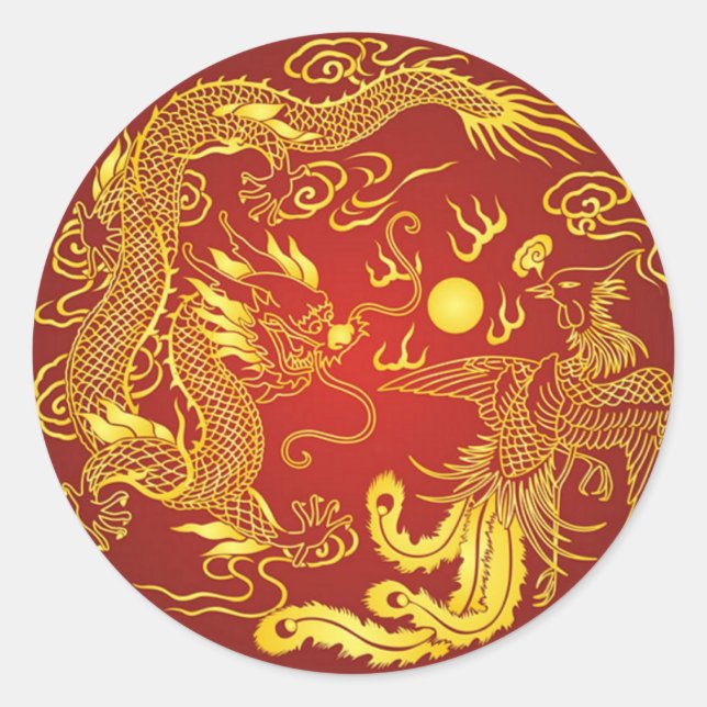 Sticker Rond Gold Red Dragon Phoenix Chinese Wedding Favor (Devant)