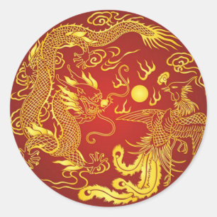Sticker Rond Gold Red Dragon Phoenix Chinese Wedding Favor