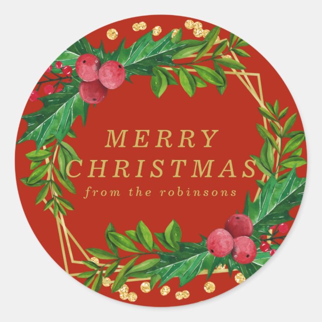 Sticker Rond Gold Red Family Joyeux Noël Holly Parties scintill (Devant)