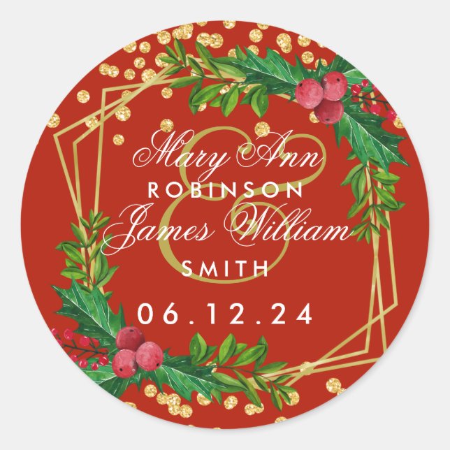 Sticker Rond Gold Red Holiday Enregistrer la date Mariage Holly (Devant)