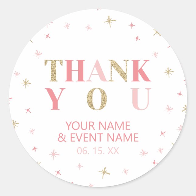 Sticker Rond Gold & Rose Stars Merci Baby shower Favoriser (Devant)