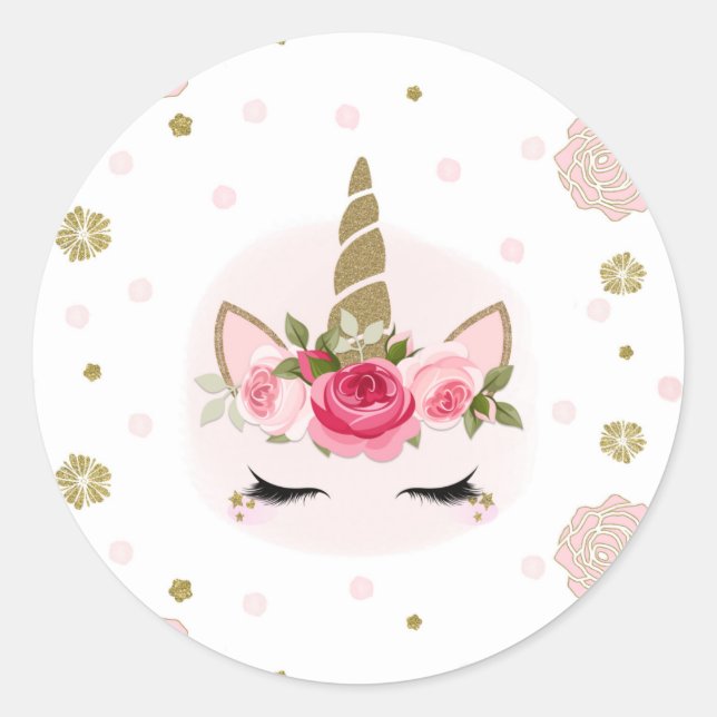 Sticker Rond Gold & Rose Unicorn Flower Blooms tendance (Devant)