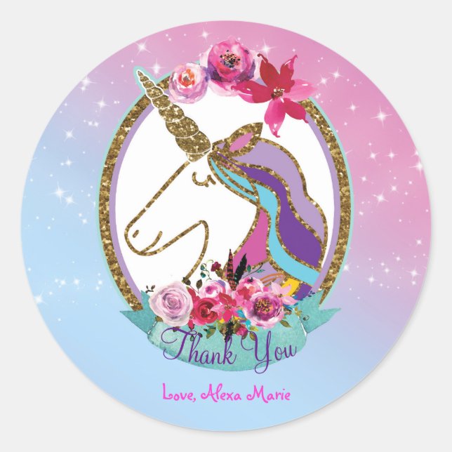 Sticker Rond Gold rose violet magique Unicorne fête d'anniversa (Devant)