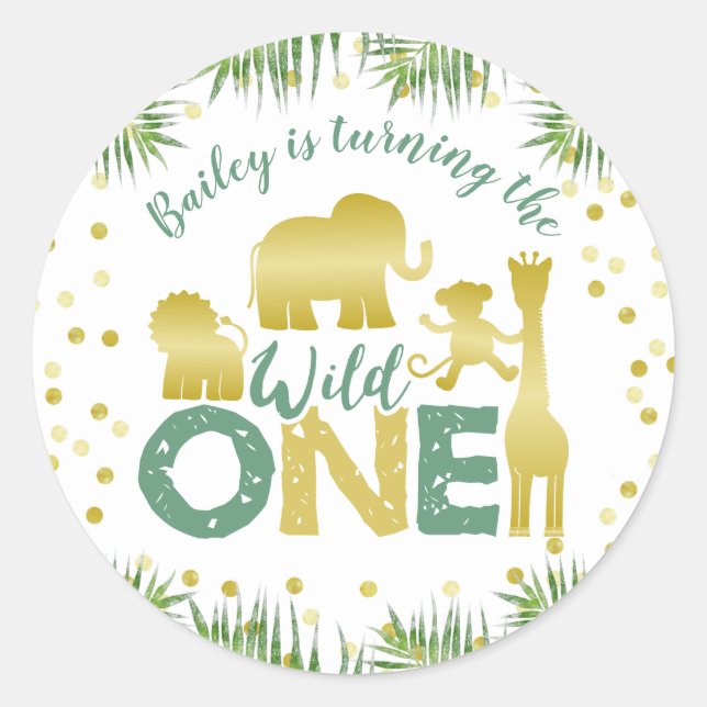 Sticker Rond Gold Safari Wild One Animaux Anniversaire (Devant)
