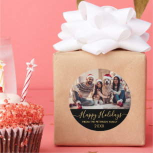 Sticker Rond Gold Script Black Family Photo Joyeux jours fériés