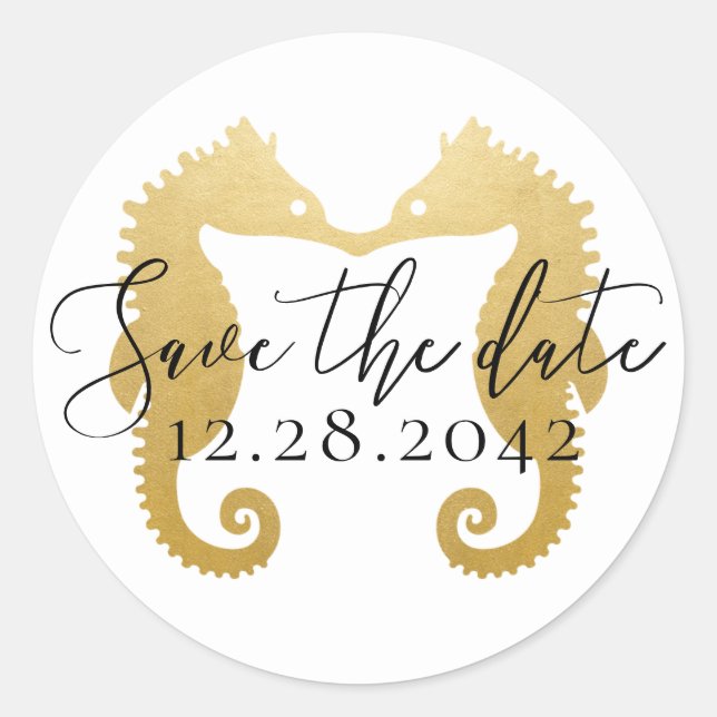 Sticker Rond Gold Seahorses Kissing Beach Wedding Enregistrer l (Devant)
