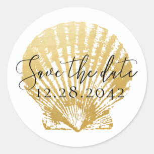 Sticker Rond Gold Seashell Beach Wedding Enregistrer la date