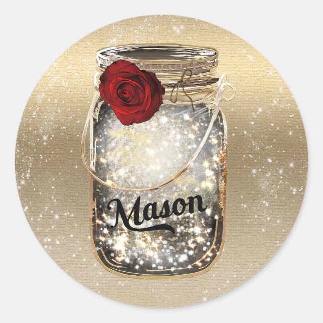 Sticker Rond Gold Sparkle Glam Rouge Rose Mason Jar Party (Devant)