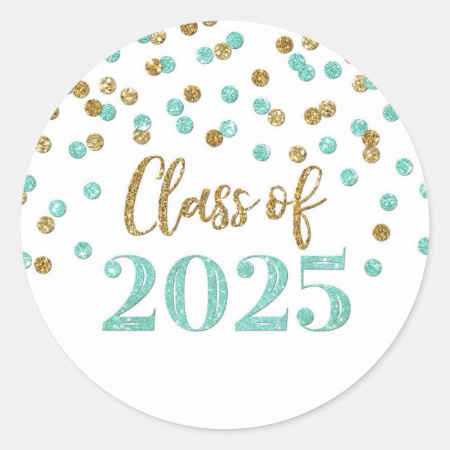 Sticker Rond Gold Turquoise Confetti Graduation 2025 (Devant)