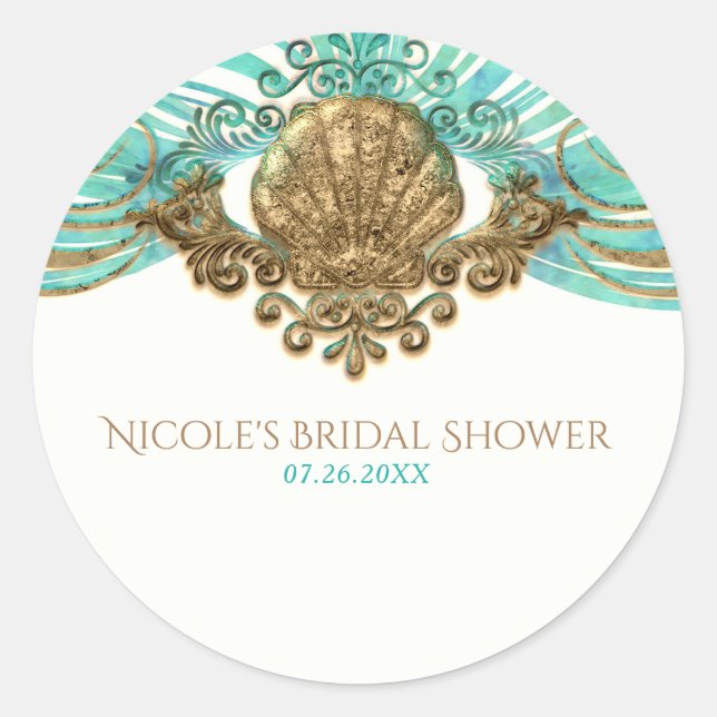 Sticker Rond Gold & Turquoise Sea Shell Glam Beach Élégant Fave (Devant)