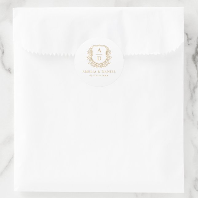 Sticker Rond Gold White Crest Moderne Monogramme Mariage (Sac)
