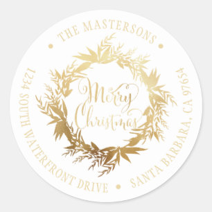 Sticker Rond Gold White Merry Christmas Wreath Return Adresse