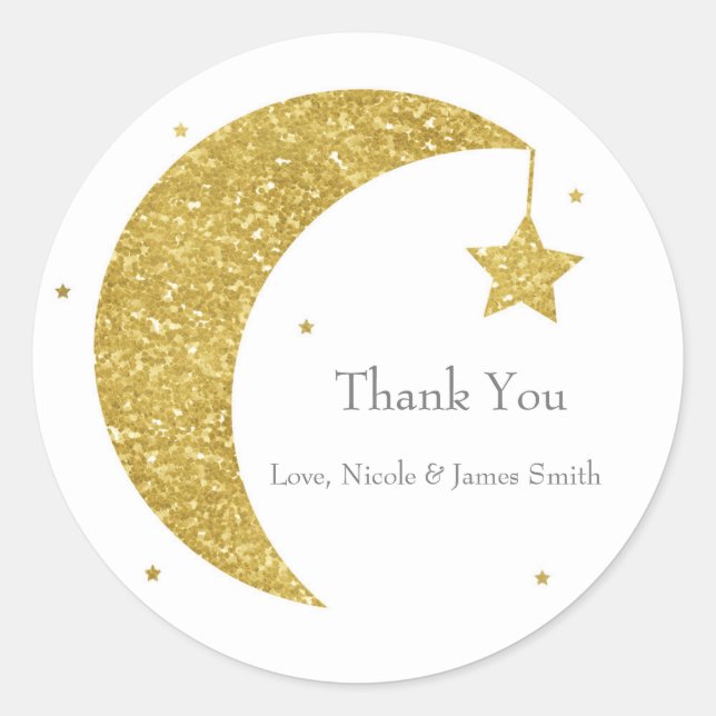 Sticker Rond Gold & White Moon & Stars Baby shower Favoriser (Devant)