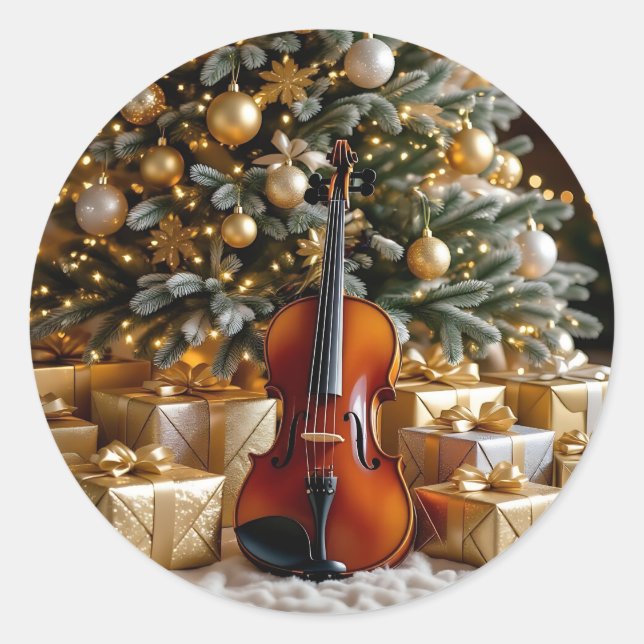 Sticker Rond Golden Christmas Tree, Gifts and Violin (Devant)