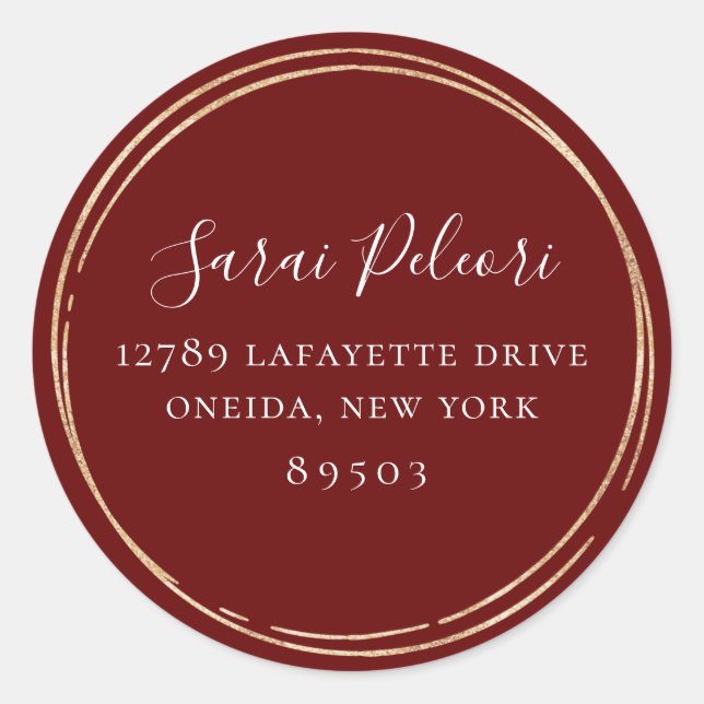 Sticker Rond Golden Hoop Frame Marsala Red Adresse de retour (Devant)