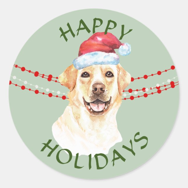 Sticker Rond Golden Labrador Retriever Santa Hat Joyeuses Fêtes (Devant)