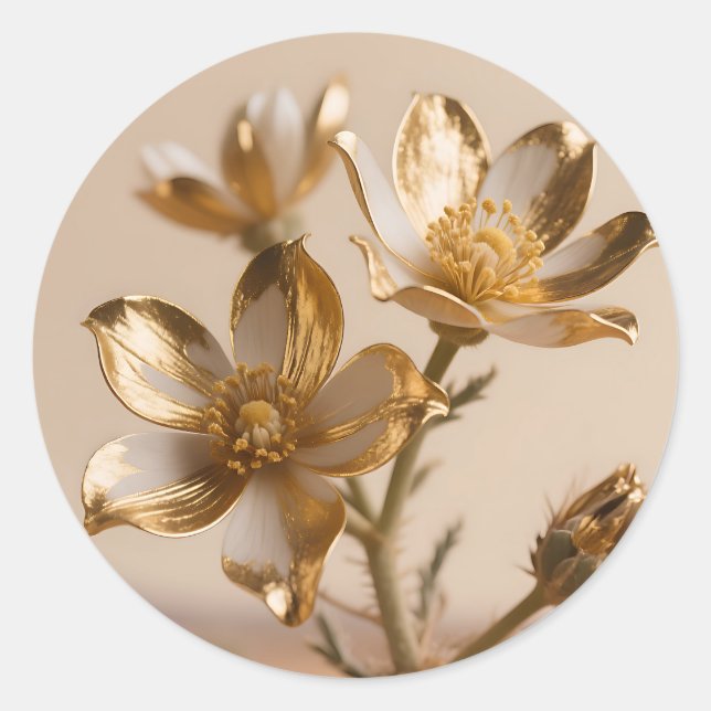 Sticker Rond Golden Metallic Flowers Luxe Botanical Elegance (Devant)