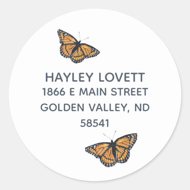 Sticker Rond Golden Monarch Papillon Artwork Adresse de retour (Devant)