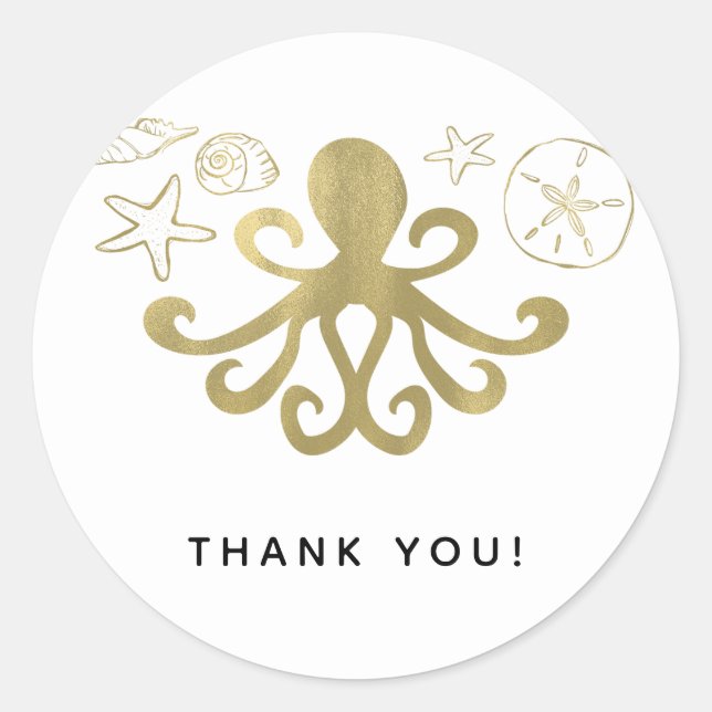 Sticker Rond Golden Octopus & Sea Shells Beach Anniversaire Fêt (Devant)