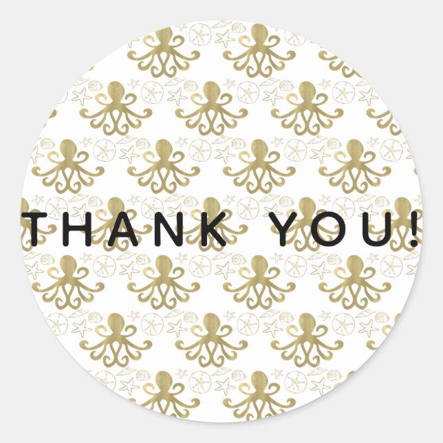 Sticker Rond Golden Octopus & Sea Shells Beach Anniversaire Fêt (Devant)