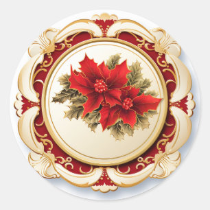 Sticker Rond Golden Red Scroll Poinsettia