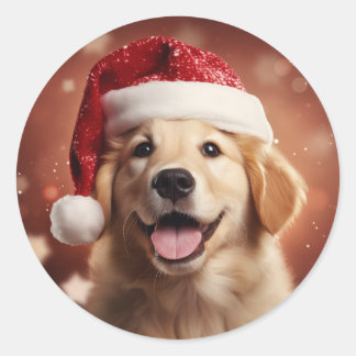 Sticker Rond Golden Retriever à Santa Hat
