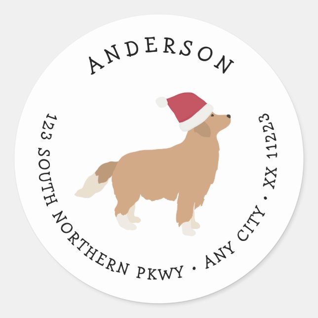 Sticker Rond Golden Retriever Adresse de retour de Noël (Devant)