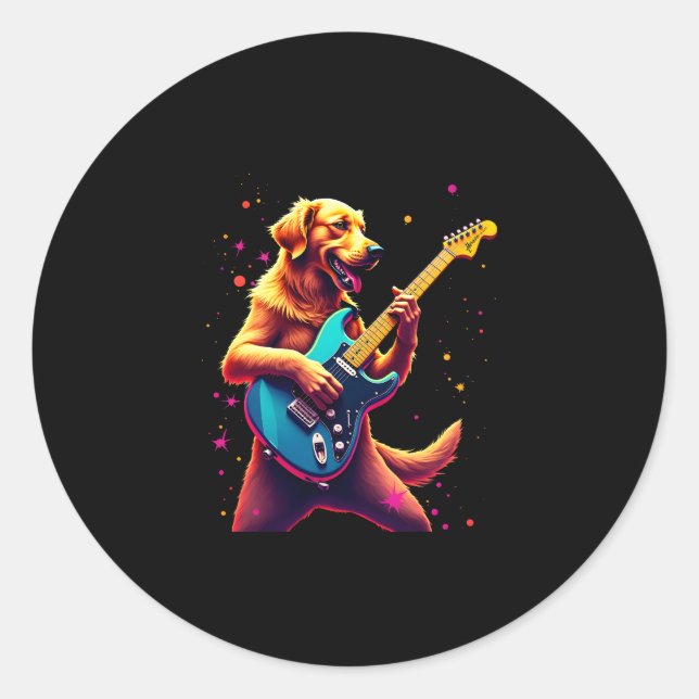 Sticker Rond Golden Retriever chien Jouer Electric Guitar Rock (Devant)