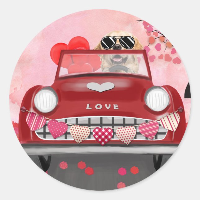 Sticker Rond Golden Retriever Chien voiture avec les coeurs Val (Devant)
