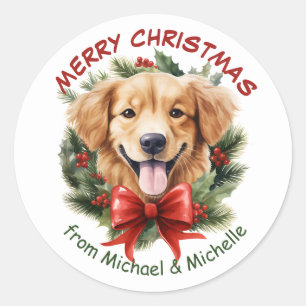 Sticker Rond Golden Retriever Chiot Noël Red Bow Wreath