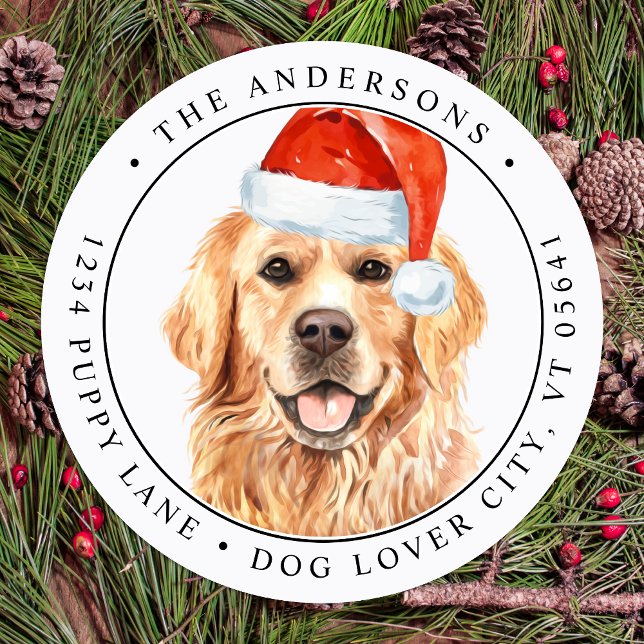 Sticker Rond Golden Retriever Christmas Dog Adresse de retour (Créateur téléchargé)