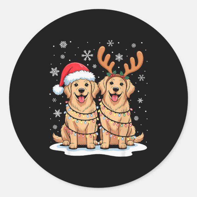 Sticker Rond Golden Retriever Christmas Santa Hat Reindeer Ligh (Devant)