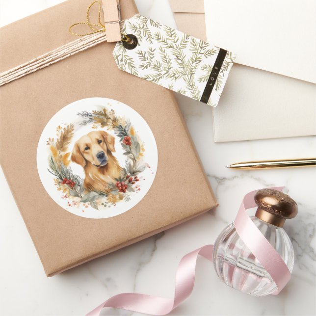 Sticker Rond Golden Retriever Christmas Wreath Festive Pup (Cadeaux)