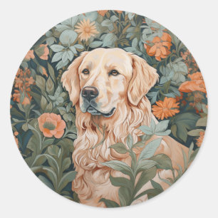 Sticker Rond Golden Retriever dans le style de William Morris