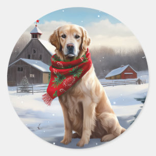 Sticker Rond Golden Retriever Dog in Snow Christmas