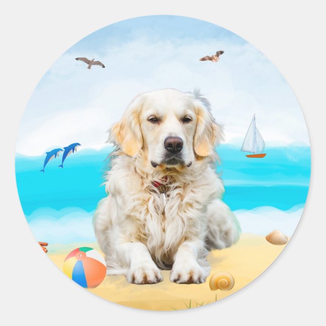 Sticker Rond Golden Retriever Dog sur la plage (Devant)