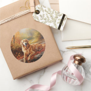 Sticker Rond Golden Retriever en automne Leaves automne Inspire