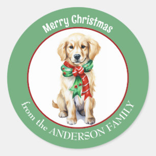 Sticker Rond Golden Retriever en rouge et vert Écharpe de Noël
