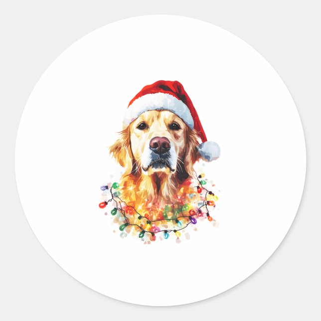 Sticker Rond Golden Retriever Funny dog Christmas Santa Hat lig (Devant)