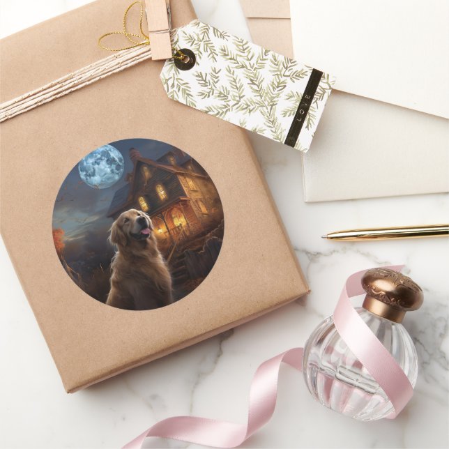 Sticker Rond Golden Retriever Halloween effroi (Cadeaux)