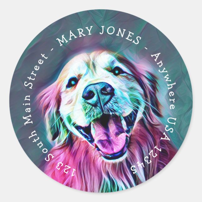 Sticker Rond Golden Retriever Neon Colonnes Nom personnalisé Ad (Devant)